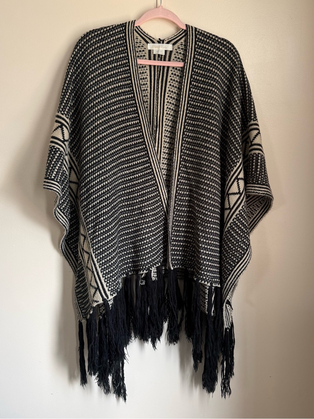 Cottagecore Hygge Francesca's Cream/Beige & Black Fringe Trim Poncho/Sweater